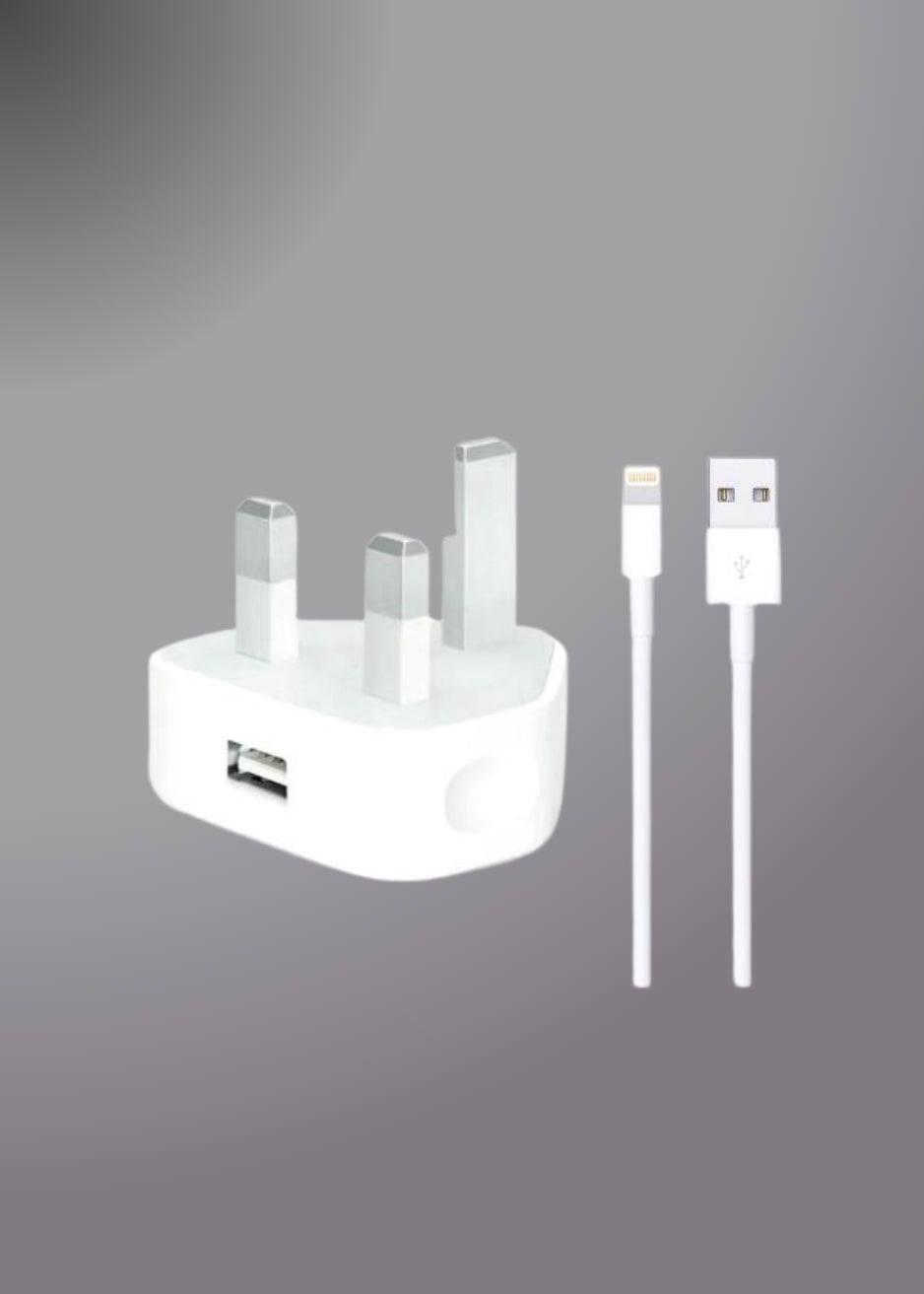 Iphone Usb 5W Power Adaptor UK Pin With Lightning to Usb Cable