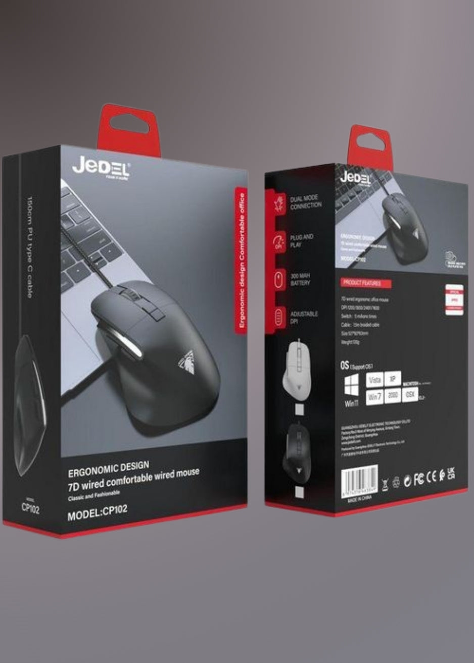 JEDEL CP102 Gaming Silent Clicks Mouse Optical Sensor 3600 DPI 7 Buttons Braided cable Ultra Comfortable (Black)