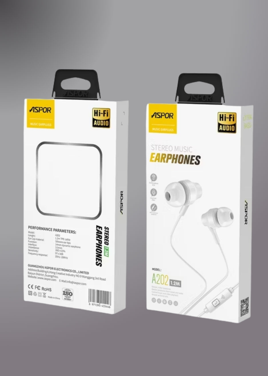 Aspor A202 DC 3.5mm Earphone Smart Surround Mic + Pause Button 1.2m Earphone