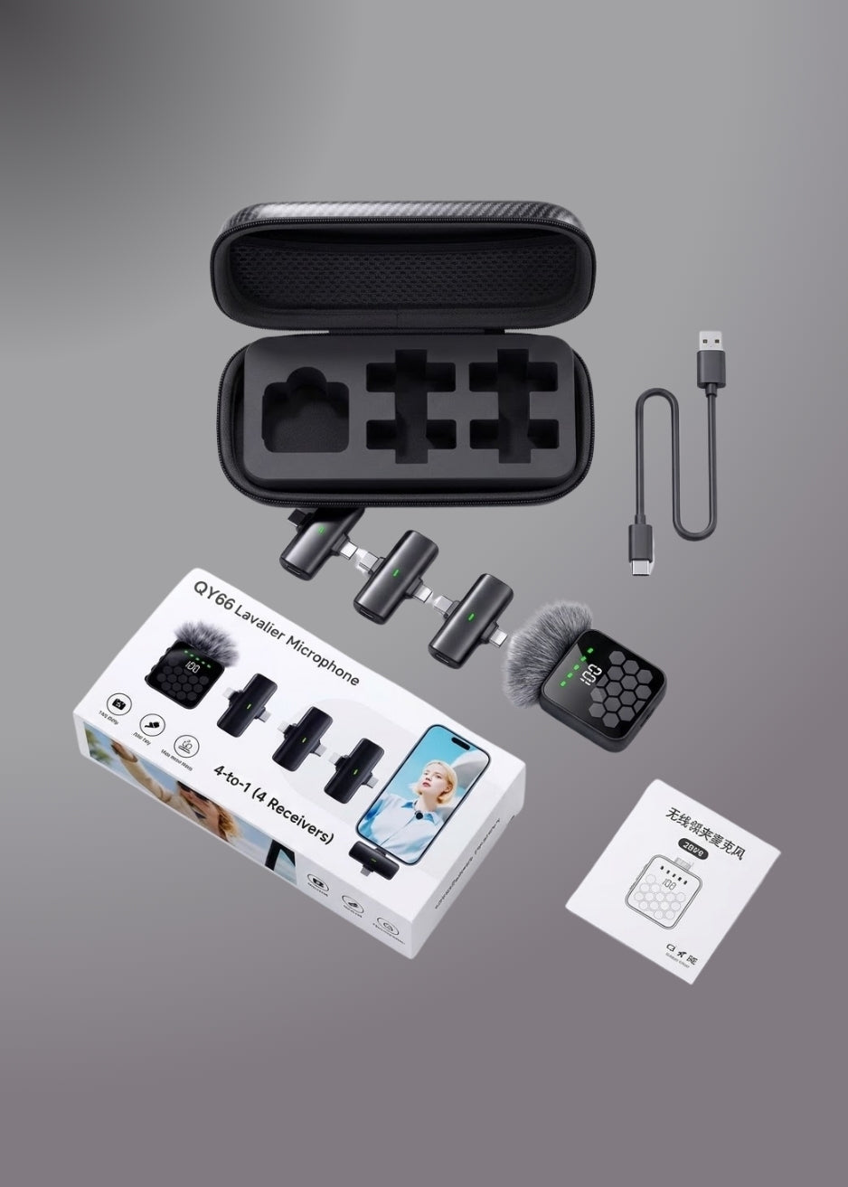 QY66 Wireless Lavalier Microphone with 4 Receivers Noise-Canceling Technology Type C & Lightning Connector