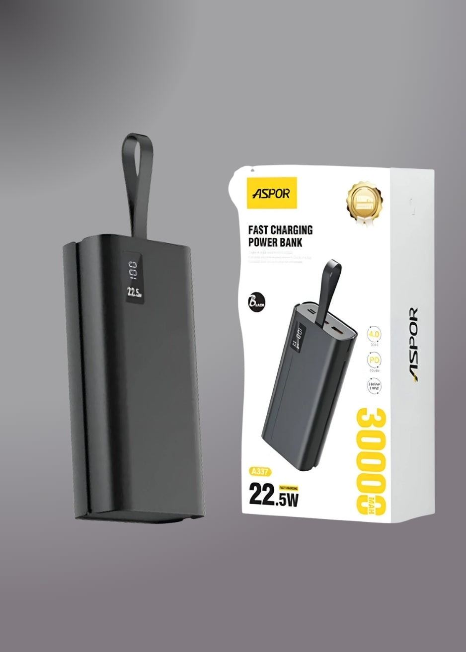 Aspor A337 22.5w Pd 30000mah Fast Charge Power Bank Lcd Display Black