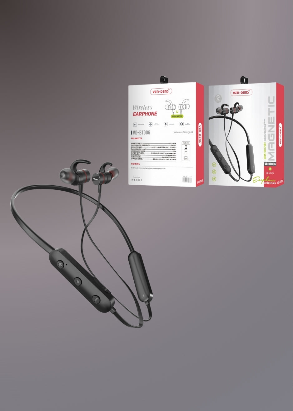 Ven dens VD-BT060 Bluetooth 5.3 Wireless Neckband 10H Talk Time 200mAh Battery, Deep Bass, Built-in Mic, 10m Range